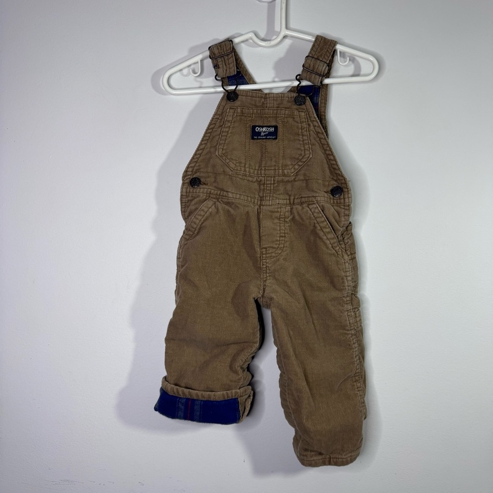 OshKosh B’gosh Corduroy Overalls 9M Brown Plaid Flannel Lined Baby Fall